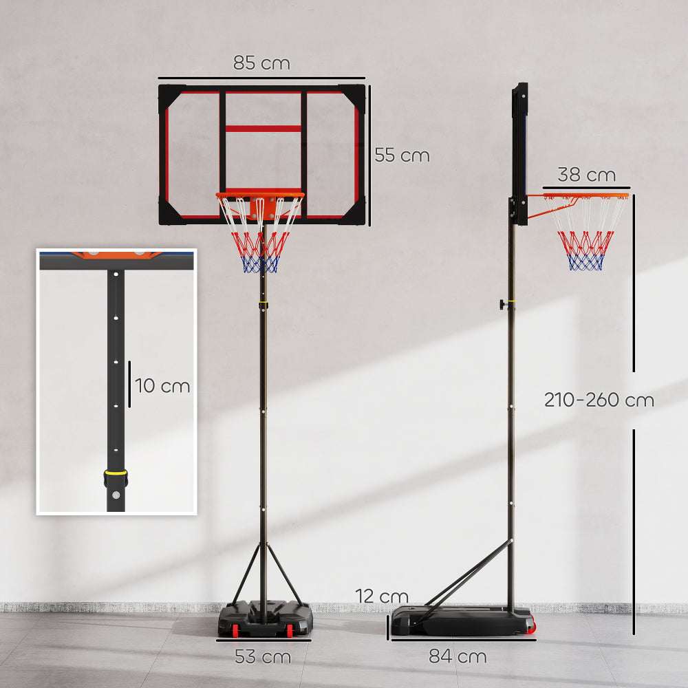 Skizze der Abmessungen: Backboard 82x53 cm, Korbhöhe verstellbar 210-260 cm, Basis 81,5x58 cm.