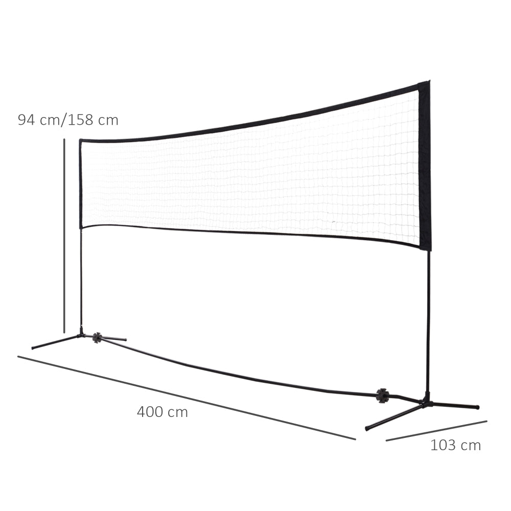 Technische Skizze des Netzes: 400 cm Breite, Basisbreite 103 cm, einstellbare Höhen 94 cm und 158 cm.