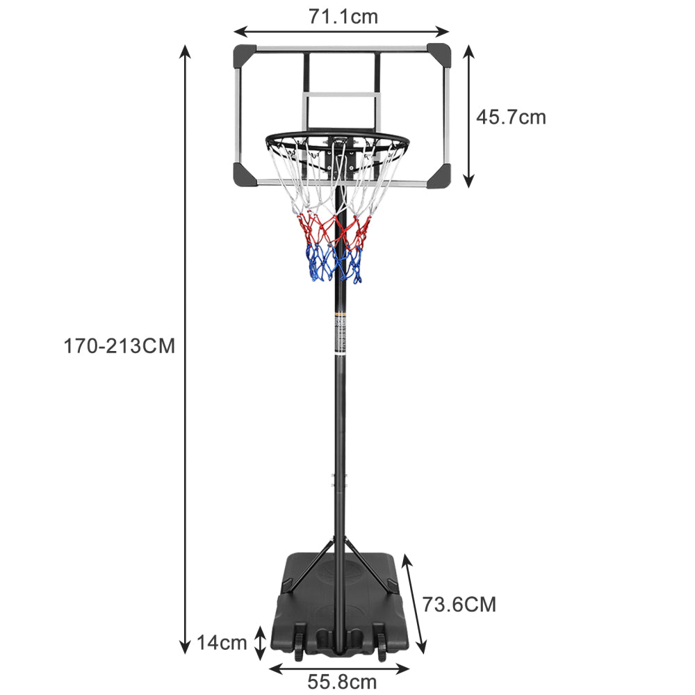 Technische Zeichnung: Backboard 71x45 cm, Basis 73x55 cm, Höhe verstellbar 170-213 cm.
