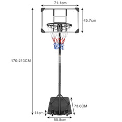 Technische Zeichnung: Backboard 71x45 cm, Basis 73x55 cm, Höhe verstellbar 170-213 cm.