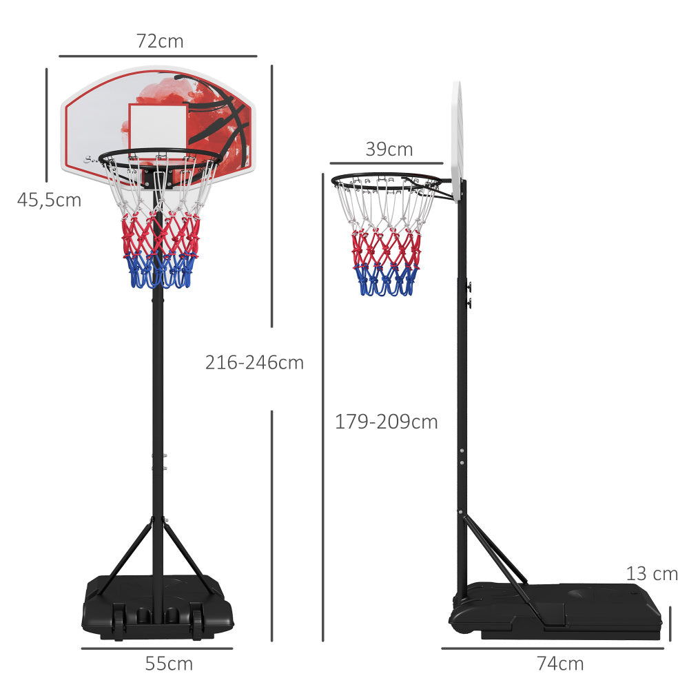 Technische Zeichnung: Backboard 72x45,5 cm, Korbhöhe 179-209 cm, Basisbreite 74 cm.