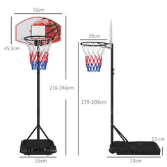 Technische Zeichnung: Backboard 72x45,5 cm, Korbhöhe 179-209 cm, Basisbreite 74 cm.