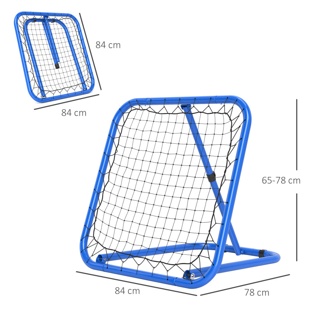 Technische Zeichnung des blauen Rebounders mit Maßen: 84 cm Breite, 84 cm Höhe und 78 cm Tiefe.