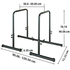 Technische Zeichnung mit allen Verstellmöglichkeiten: Höhe (78,74–99,06 cm), Basisbreite (99,06–129,54 cm) und Grifflänge.