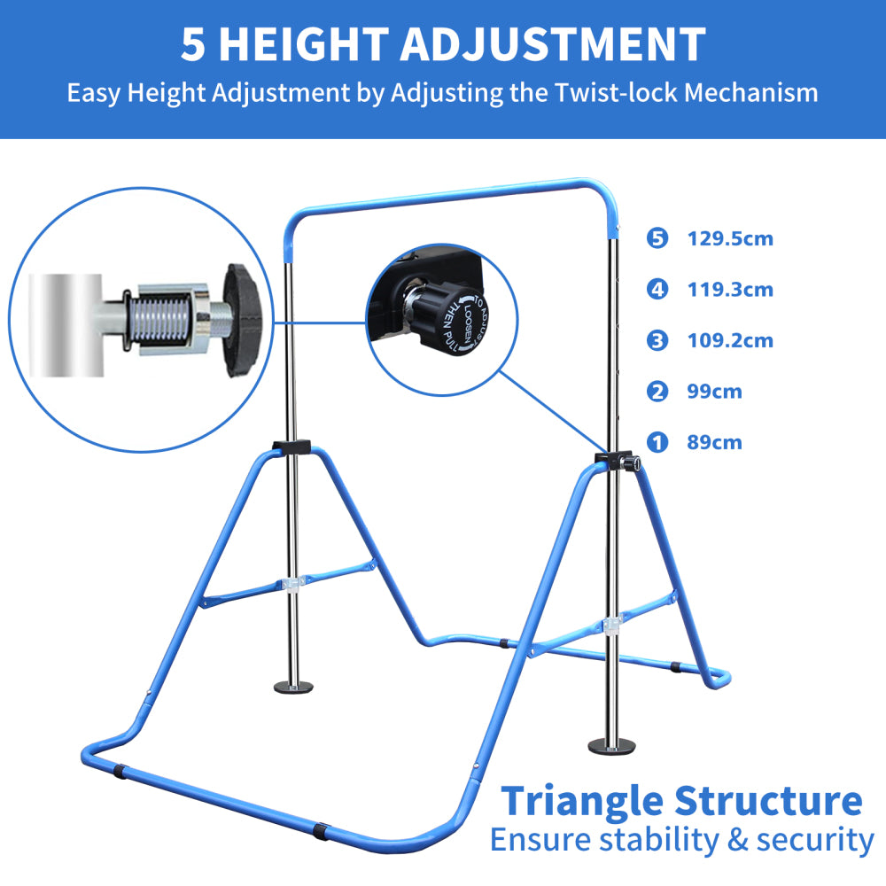 Verstellbarer Mechanismus: Blaue Reckstange anpassbar von 35 bis 51 Zoll.