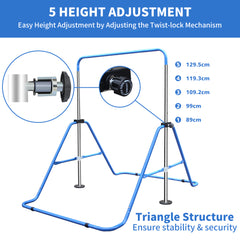 Verstellbarer Mechanismus: Blaue Reckstange anpassbar von 35 bis 51 Zoll.