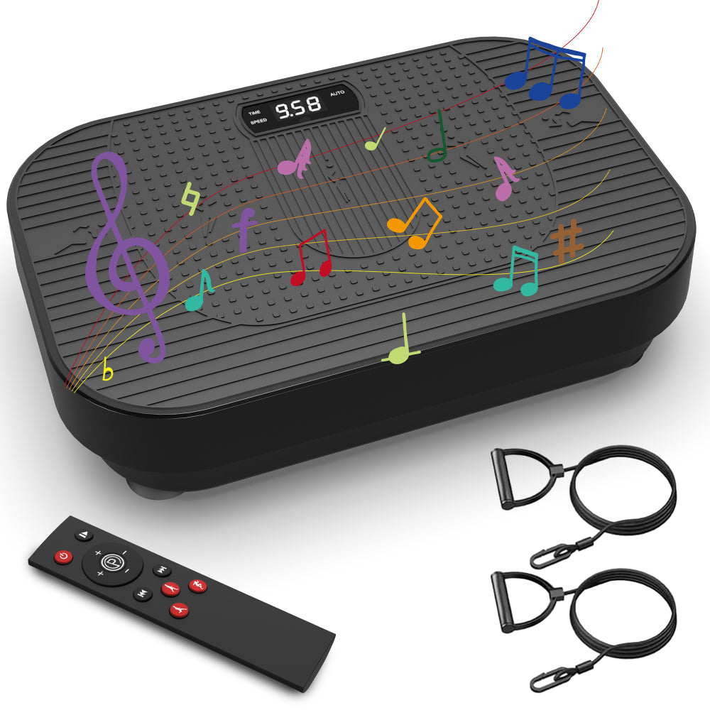 Vibrationsplatte Schwarz mit integriertem Bluetooth-Lautsprecher und Musiknoten-Grafik