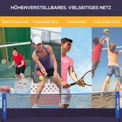 Vier-Bilder-Collage zeigt die Nutzung für Badminton, Pickleball, Tennis und Kinder-Volleyball.