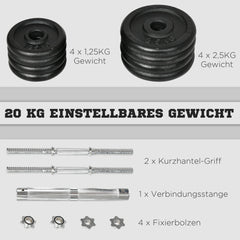 2-in-1 Hantelset 20kg Massiv – Kurzhantel & Langhantel (Metall)