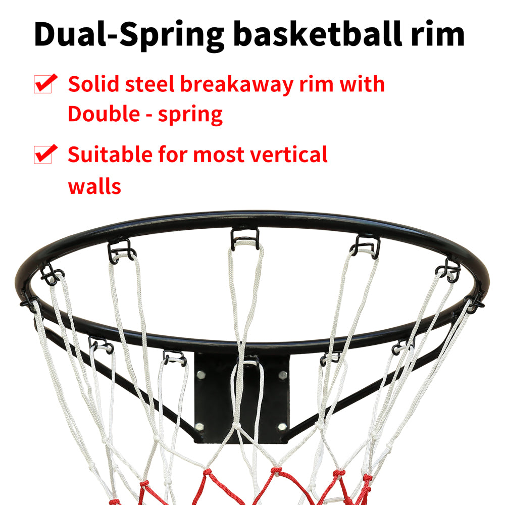 Übersicht der Vorteile: "Dual-Spring Basketball Rim", solider Stahl, rostfrei und UV-beständig.