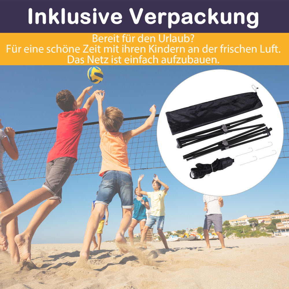 bersichtsgrafik "Inklusive Verpackung" zeigt Kinder beim Spielen am Strand und das zerlegte Gestänge in der Tragetasche.