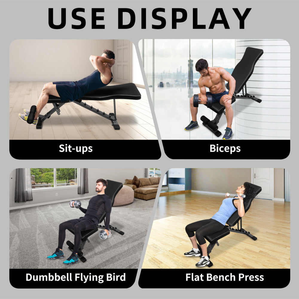 Übungsbeispiele: Sit-ups, Bizeps-Curls, Fliegende (Butterfly) und Bankdrücken.