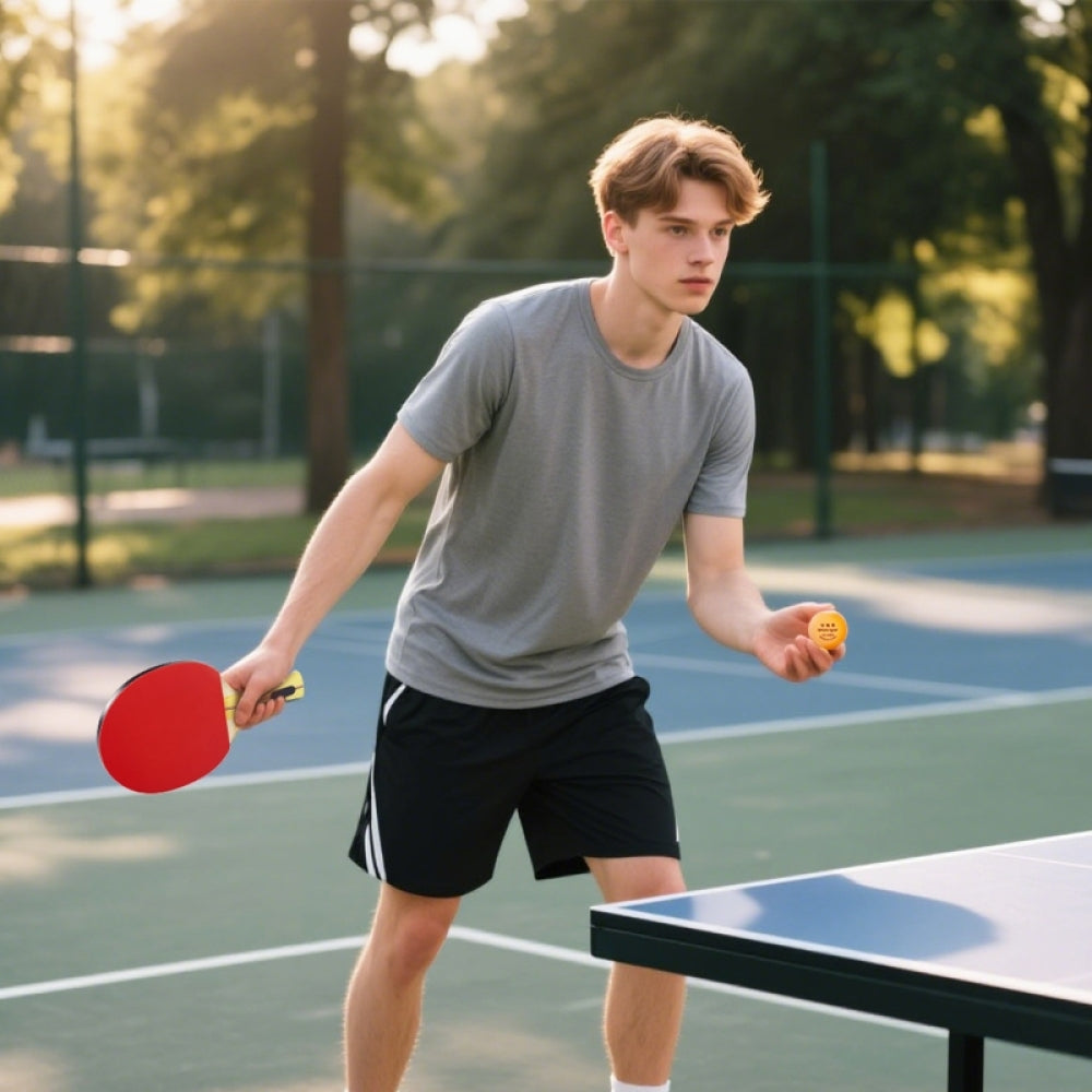 Tischtennis Set Training outdoor – Mann trainiert mit Schläger im Freien