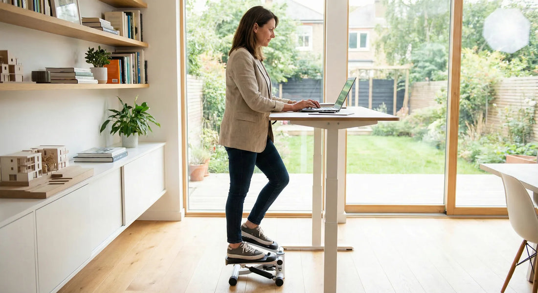 Arbeiten am Stehschreibtisch mit einem Mini Stepper für mehr Bewegung im Home-Office