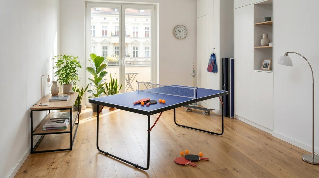 Blaue Tischtennisplatte im Wohnzimmer Aufgebaut zum Spielen und platzsparend gefaltet an der Wand.