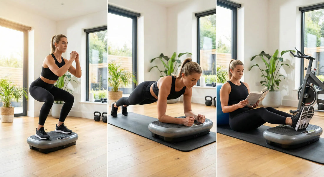 Die besten Vibrationsplatte Übungen für Anfänger Kniebeuge, Plank und Massage