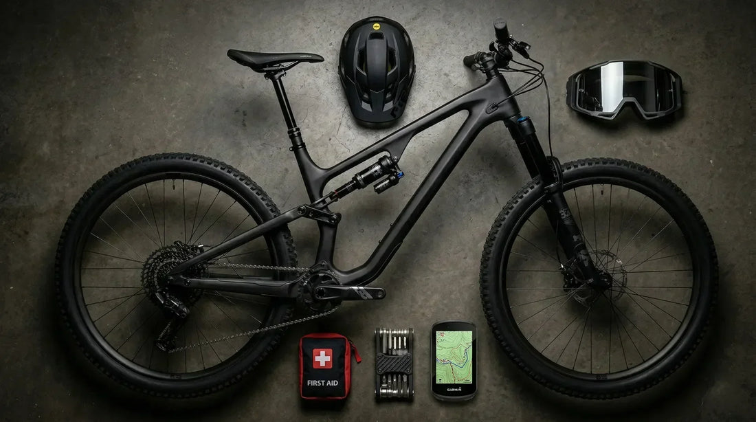 Draufsicht auf ein Carbon-Full-Suspension-Mountainbike Modell 2026 mit mechanischen Komponenten auf dunklem Betonboden, umgeben von einem MIPS-Helm, einer Goggle, einem Erste-Hilfe-Set, einem Multitool und einem Fahrradco