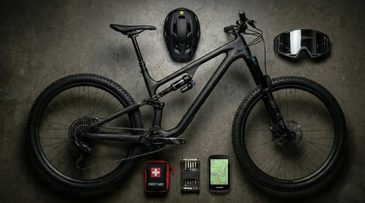 Draufsicht auf ein Carbon-Full-Suspension-Mountainbike Modell 2026 mit mechanischen Komponenten auf dunklem Betonboden, umgeben von einem MIPS-Helm, einer Goggle, einem Erste-Hilfe-Set, einem Multitool und einem Fahrradco