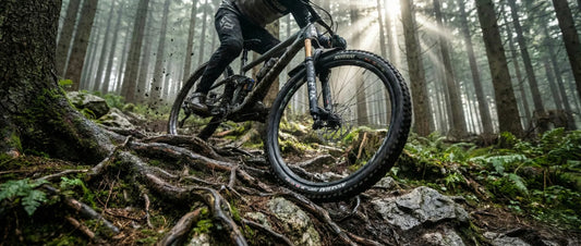 Ein 29 Zoll Mountainbike überrollt mühelos nasse Wurzeln und Steine im Wald – Demonstration des Bulldozer-Effekts.
