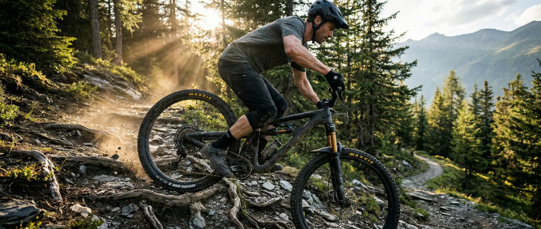 Ein Profi-Mountainbiker auf einem 29er bezwingt einen extrem steilen, technischen Anstieg über Wurzeln und losen Schotter dank maximaler Traktion.