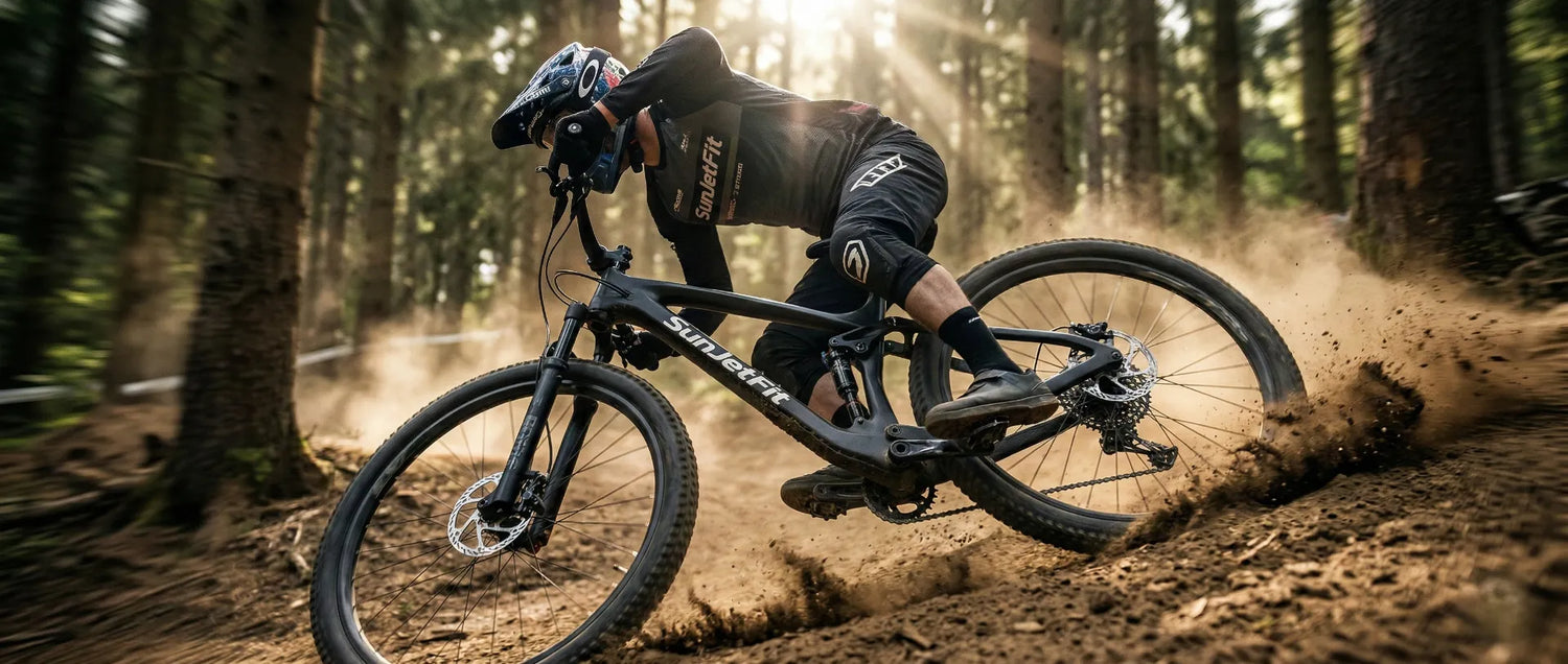 Ein Profi-Rider auf einem SunJetFit 29-Zoll-Carbon-MTB in extremer Schräglage, Fokus auf die Traktion der Radialreifen in einer staubigen Kurve.