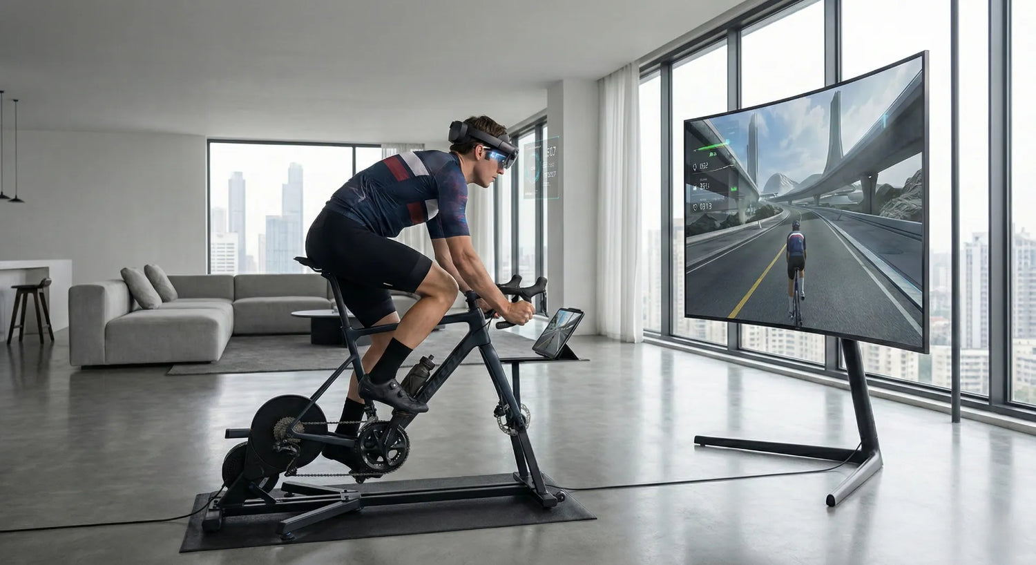 Ein Radfahrer nutzt ein Smart-Bike mit AR-Brille in einer modernen virtuellen Trainingsumgebung.