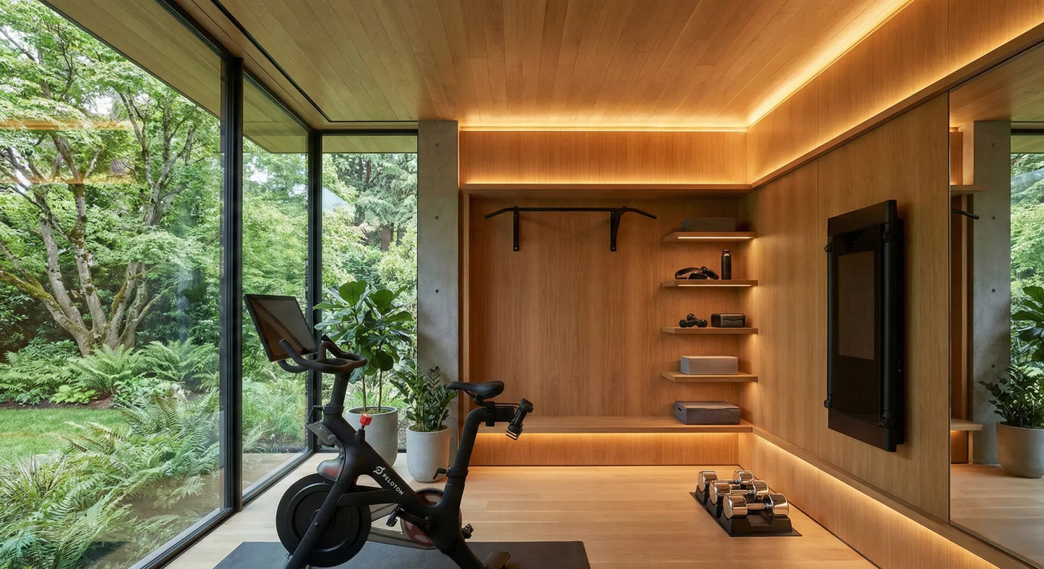 Ein luxuriöses und intelligent vernetztes Home Gym mit Holz-Interieur und moderner Trainingsausstattung