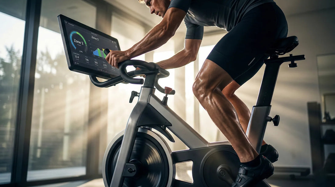 Ein professioneller Athlet beim intensiven Training auf einem High-End Indoor-Bike des Jahres 2026, Fokus auf die Beinmuskulatur und die Anzeige von Zone-2-Leistungsdaten im modernen Home-Gym.