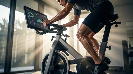 Ein professioneller Athlet beim intensiven Training auf einem High-End Indoor-Bike des Jahres 2026, Fokus auf die Beinmuskulatur und die Anzeige von Zone-2-Leistungsdaten im modernen Home-Gym.