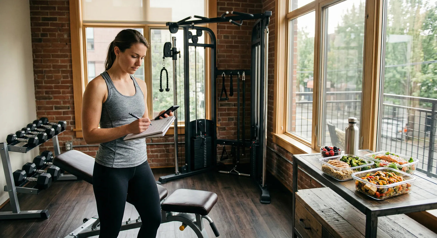 Eine Person beim Training auf einer Hantelbank mit Hantelset und gesunder Ernährung in einem Home Gym.