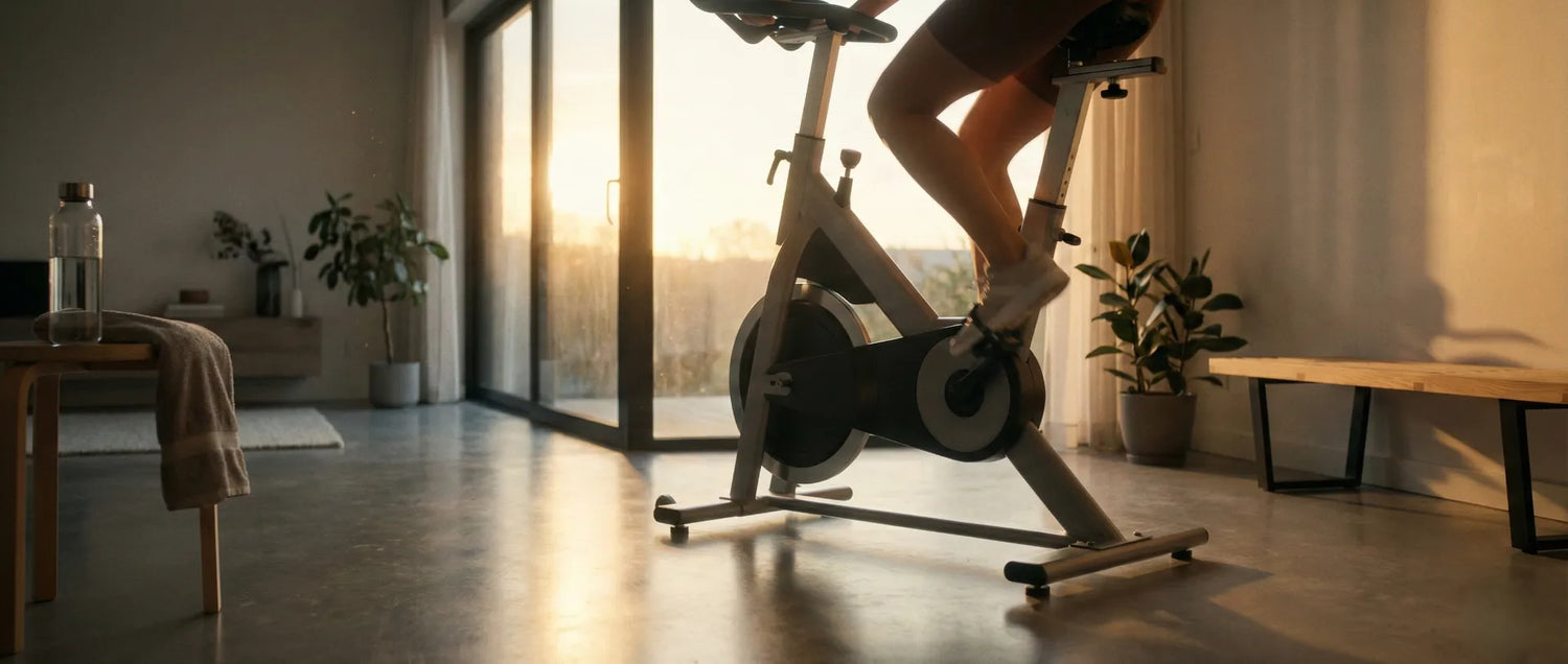 Eine Person trainiert bei Sonnenaufgang auf einem Heimtrainer in einem hellen Wohnzimmer; Fokus auf Beine und Pedale.