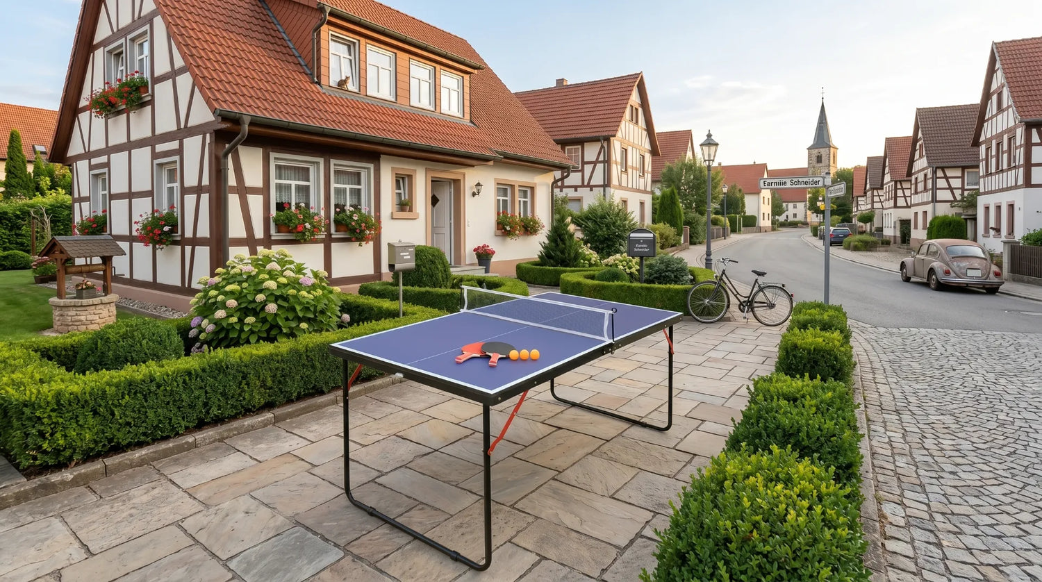 Eine blaue Outdoor-Tischtennisplatte vor einem traditionellen deutschen Fachwerkhaus.