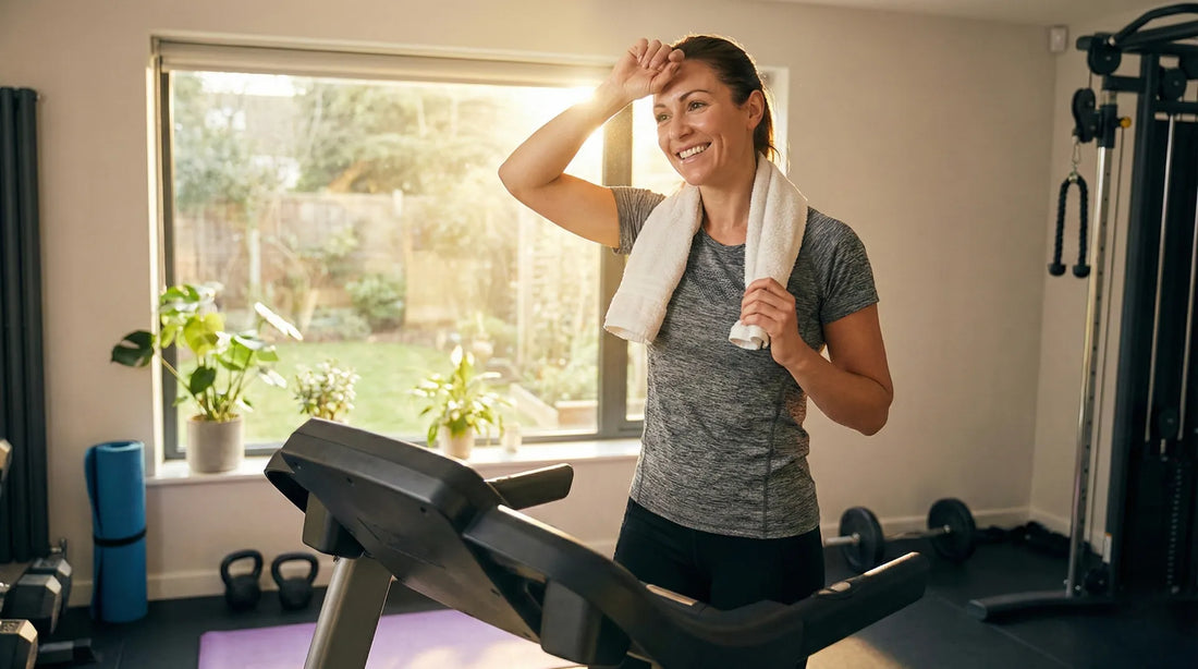 Erfolgreiches Abnehmen Zufriedene Person nach dem Laufband-Training im Home Gym