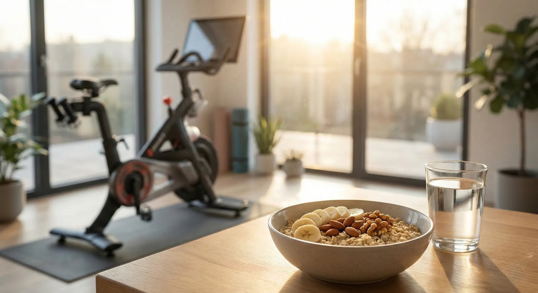 Gesunde Schüssel mit Haferflocken, Bananen und Nüssen neben einem Glas Wasser in einem hellen Fitnessraum mit Heimtrainer im Hintergrund.