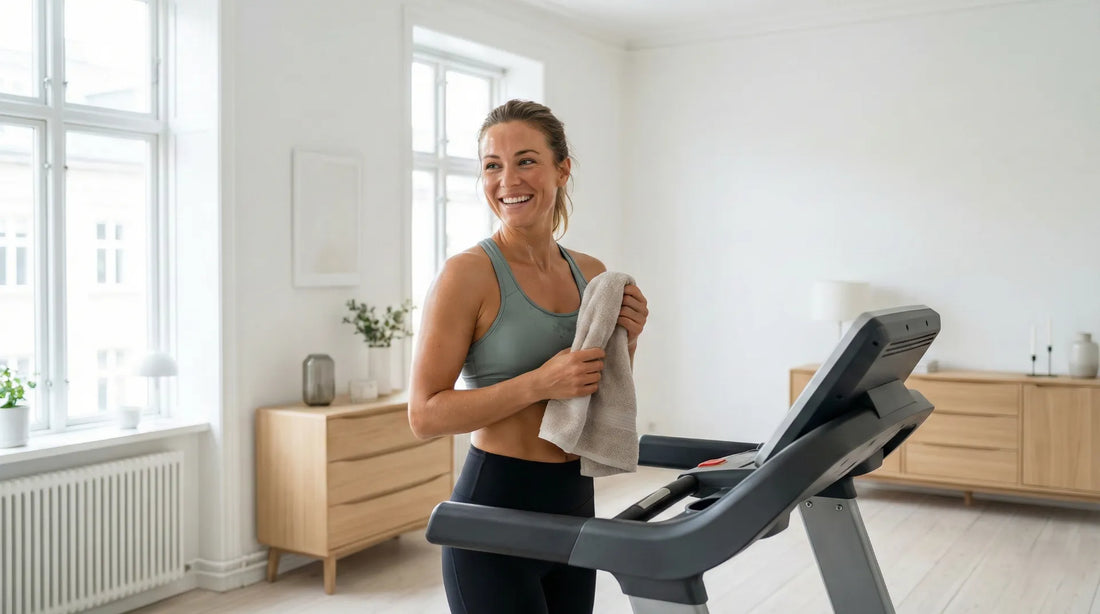 Glückliche Frau nach dem Laufband-Training zu Hause