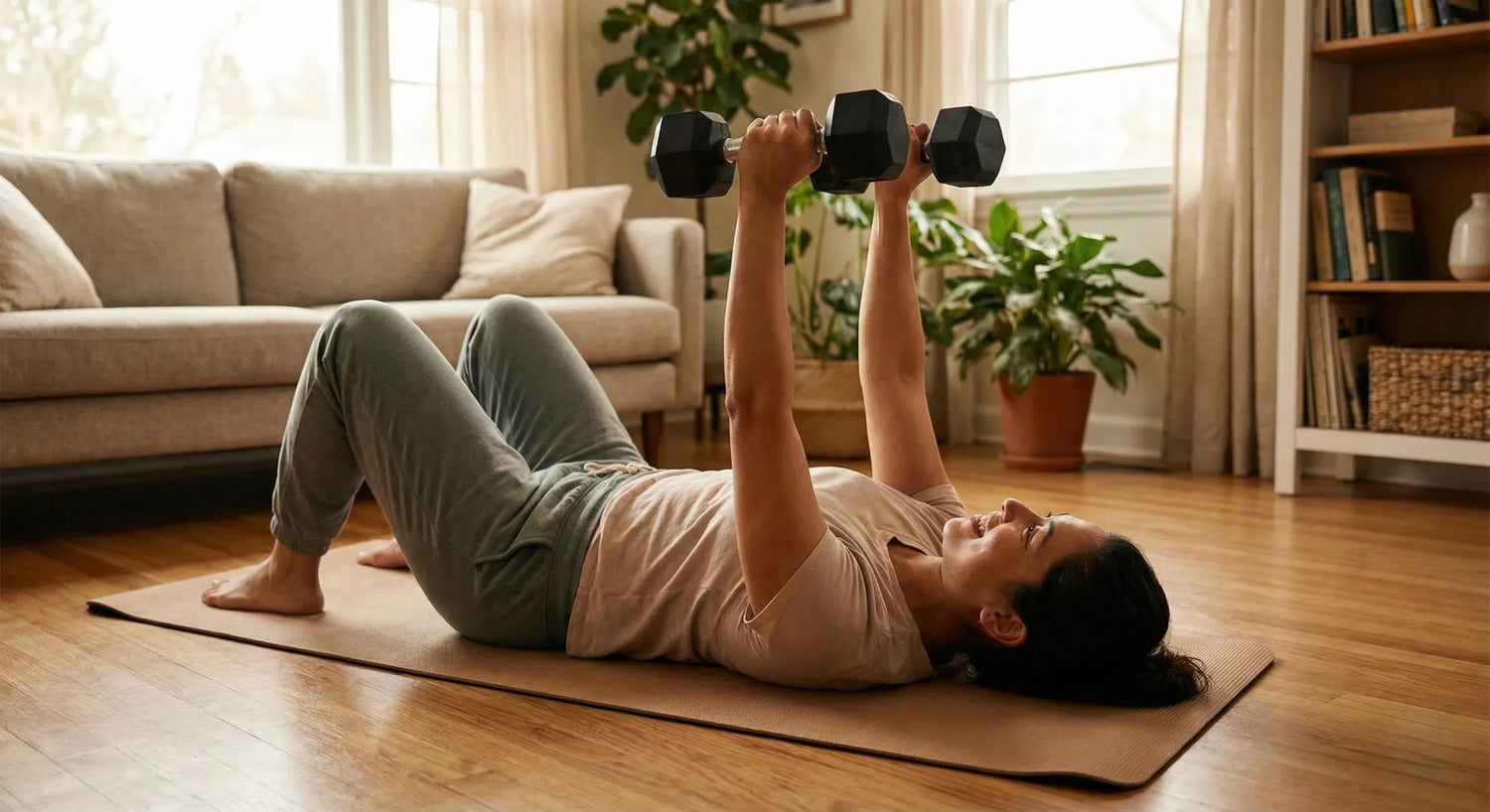 Hanteltraining zuhause ohne Bank Floor Press auf dem Boden
