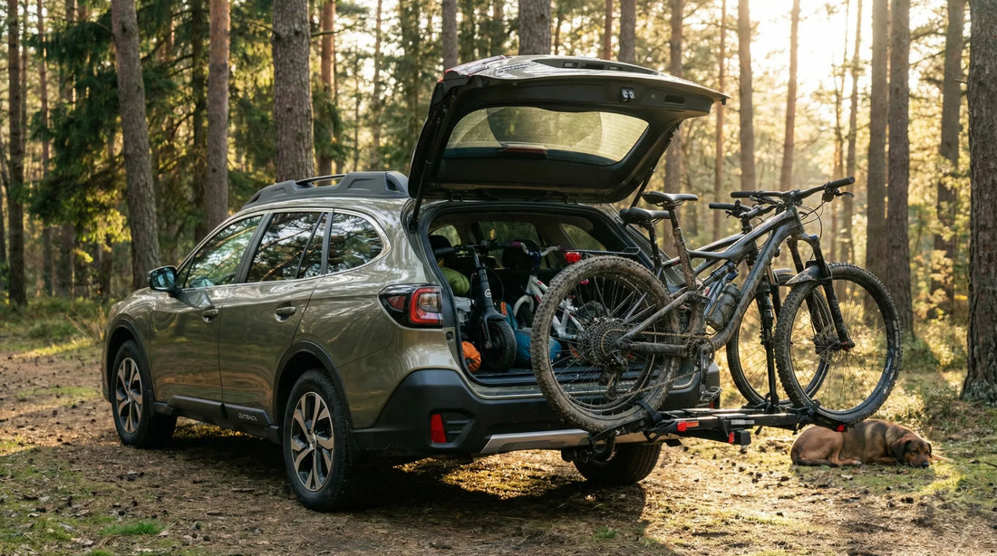 Kombi Auto am Waldrand mit Fahrradträger für MTB Fully und Trekkingrad, Kofferraum mit klappbarem E-Scooter und Kinderfahrrad