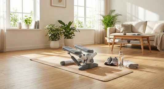 Kompakter Fitness-Stepper auf einer Yogamatte in einem modernen, sonnendurchfluteten Wohnzimmer mit Laufschuhen
