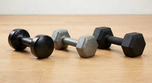 Kunststoffhantel, Gusseisenhantel und gummierte Hantel nebeneinander