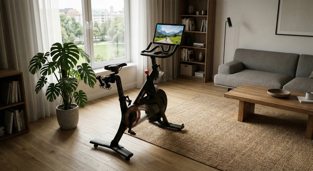 Modernes Speedbike im Wohnzimmer mit virtueller Trainings-App auf dem Tablet.