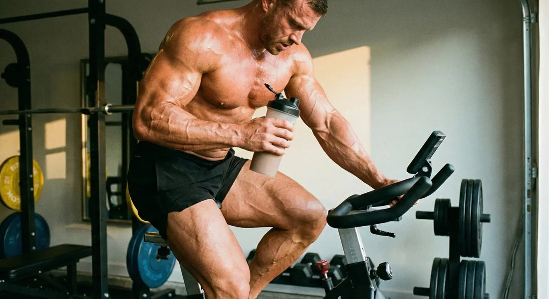 Muskulöser Sportler auf einem Heimtrainer mit einem Protein-Shake; Fokus auf Muskelaufbau und Cardio.