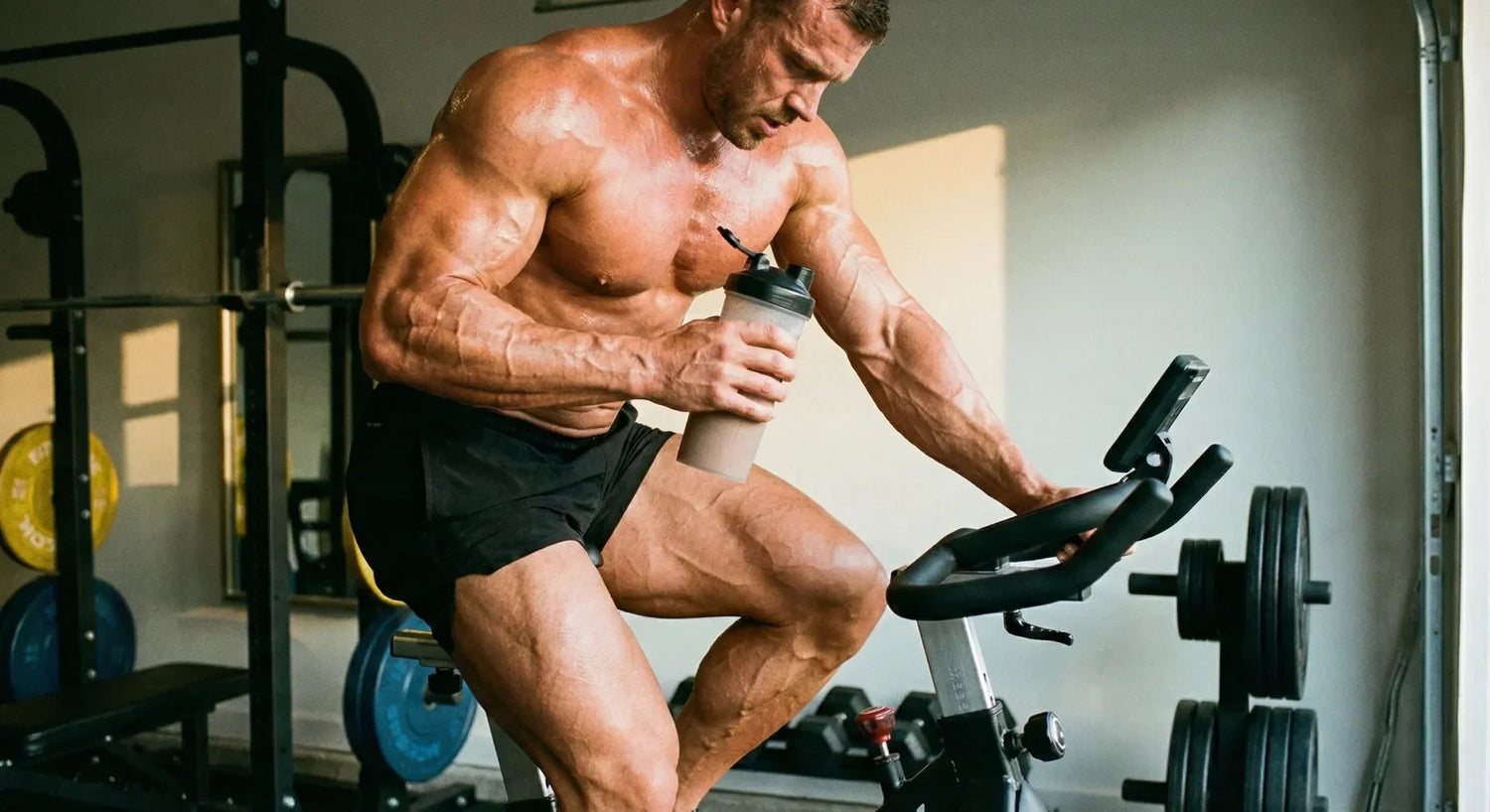 Muskulöser Sportler auf einem Heimtrainer mit einem Protein-Shake; Fokus auf Muskelaufbau und Cardio.