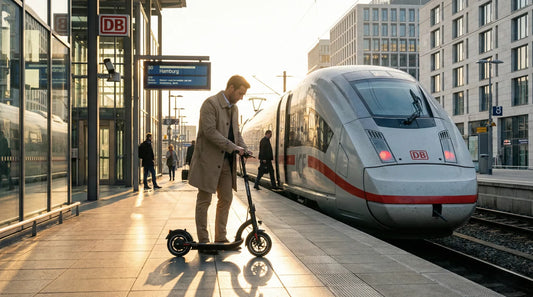 Pendler faltet seinen E-Scooter am Bahnsteig für die kostenlose Mitnahme im ICE Zug.