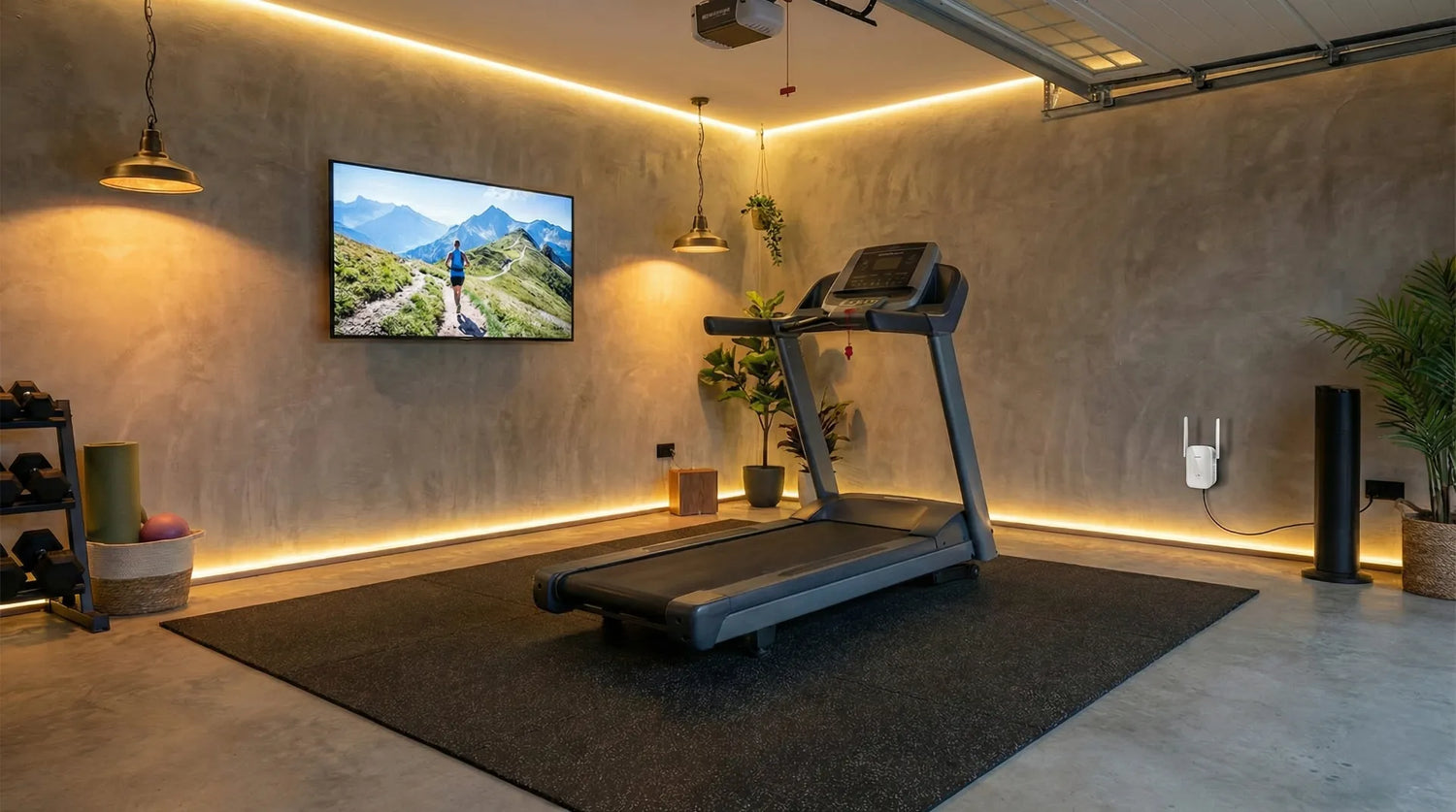 Perfekter Laufband-Standort im Keller Mit Bodenmatte, TV und guter Beleuchtung