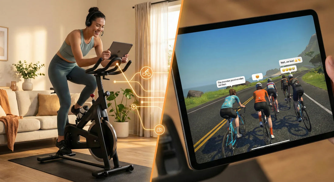 Person auf dem Speedbike zu Hause vernetzt mit virtueller Radsport-Community.