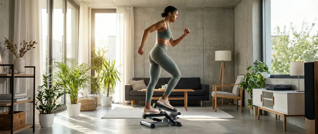 Person beim aktiven Training auf einem Mini-Stepper mit biomechanischer Hervorhebung der beanspruchten Gesäß- und Oberschenkelmuskulatur.