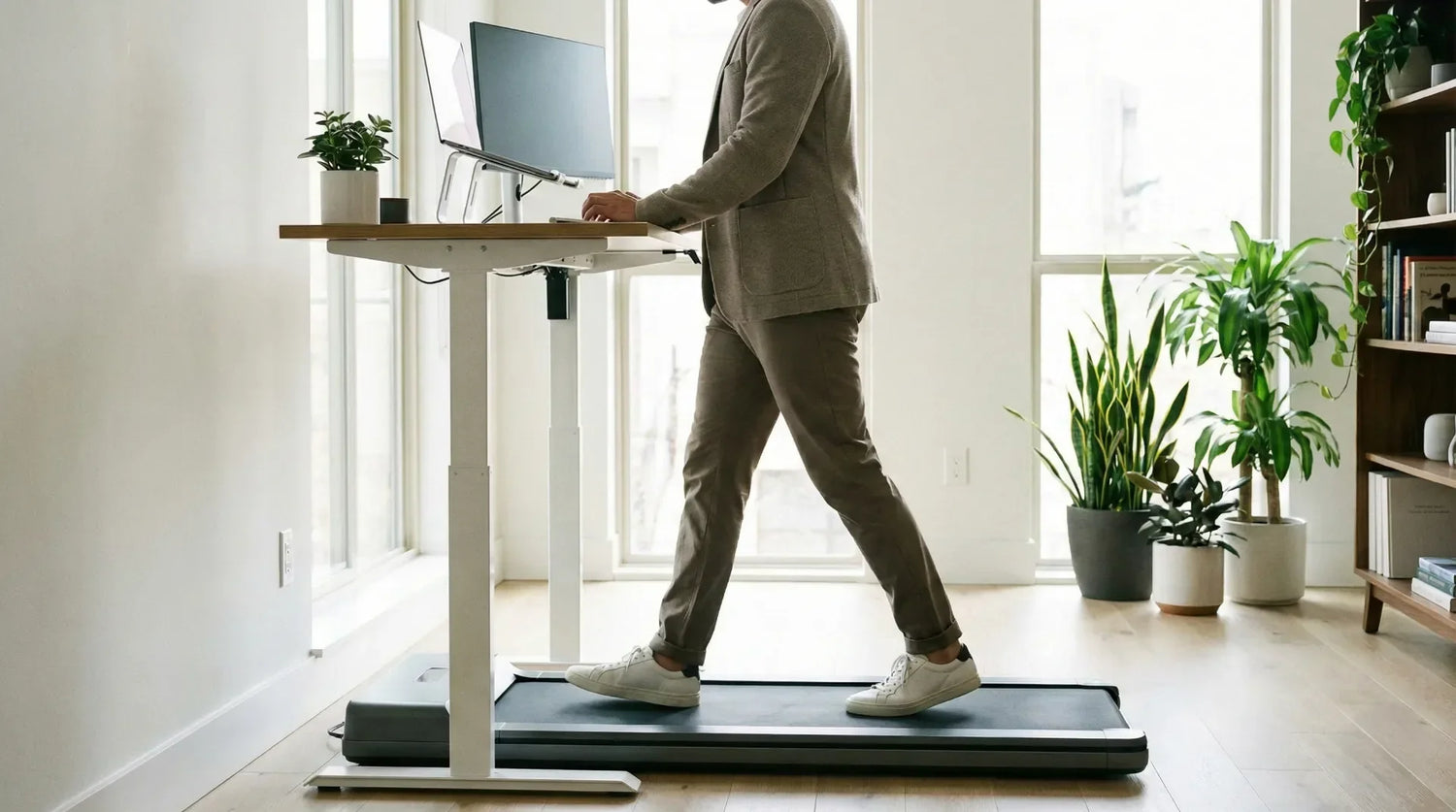 Person beim produktiven Arbeiten am höhenverstellbaren Schreibtisch mit Walking Pad im modernen Home Office
