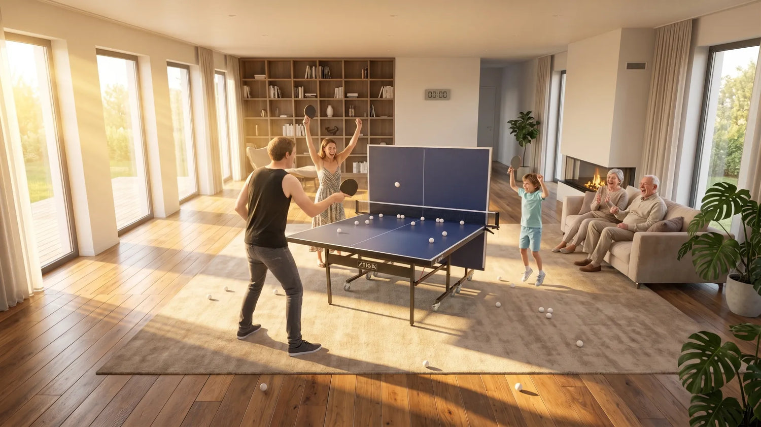Platzsparende Tischtennisplatte im Einsatz Eine Familie spielt fröhlich in einem hellen, modernen Wohnzimmer.