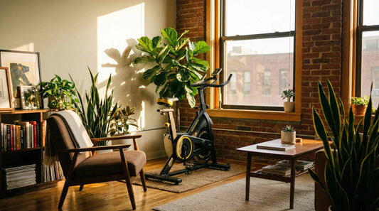 Platzsparender Heimtrainer (schwarz-gelb) harmonisch integriert in einem kleinen, modernen Wohnzimmer