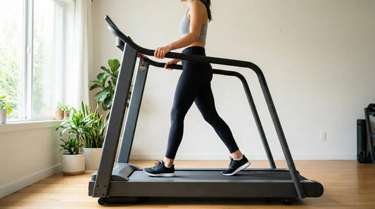 Rückwärts gehen auf dem Laufband mit Sicherheits-Handläufen für Knie-Training